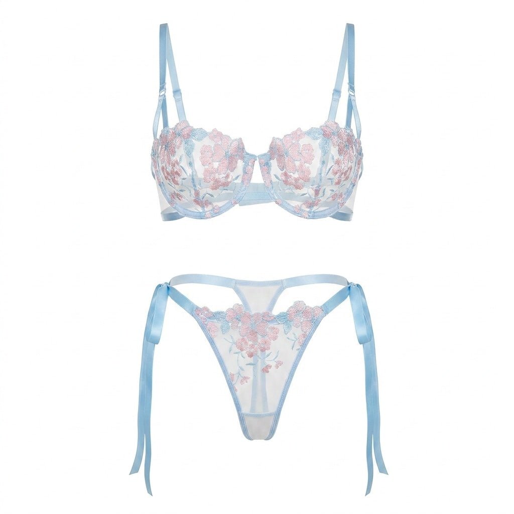 Floral Embroidered Mesh Lingerie Set