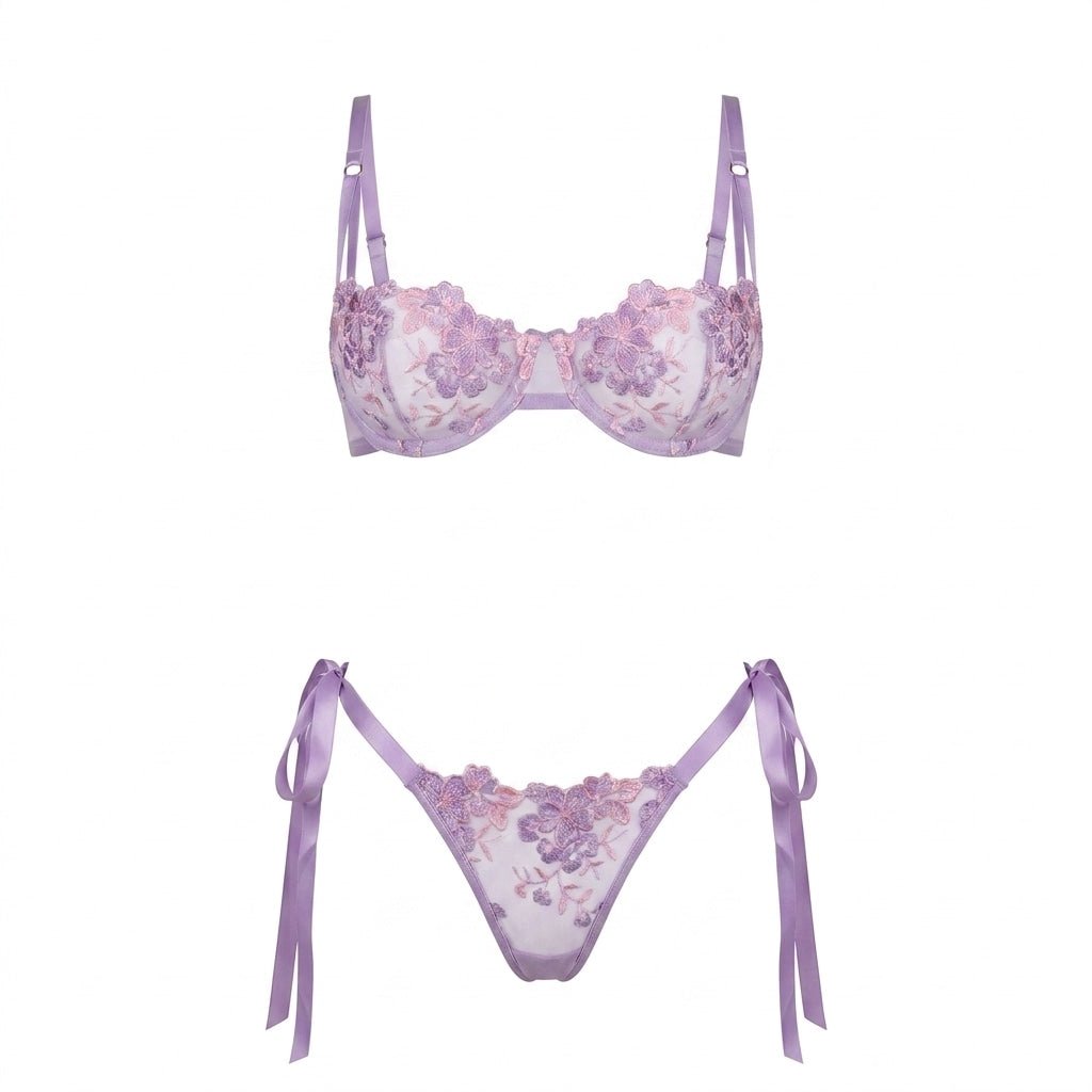 Floral Embroidered Mesh Lingerie Set