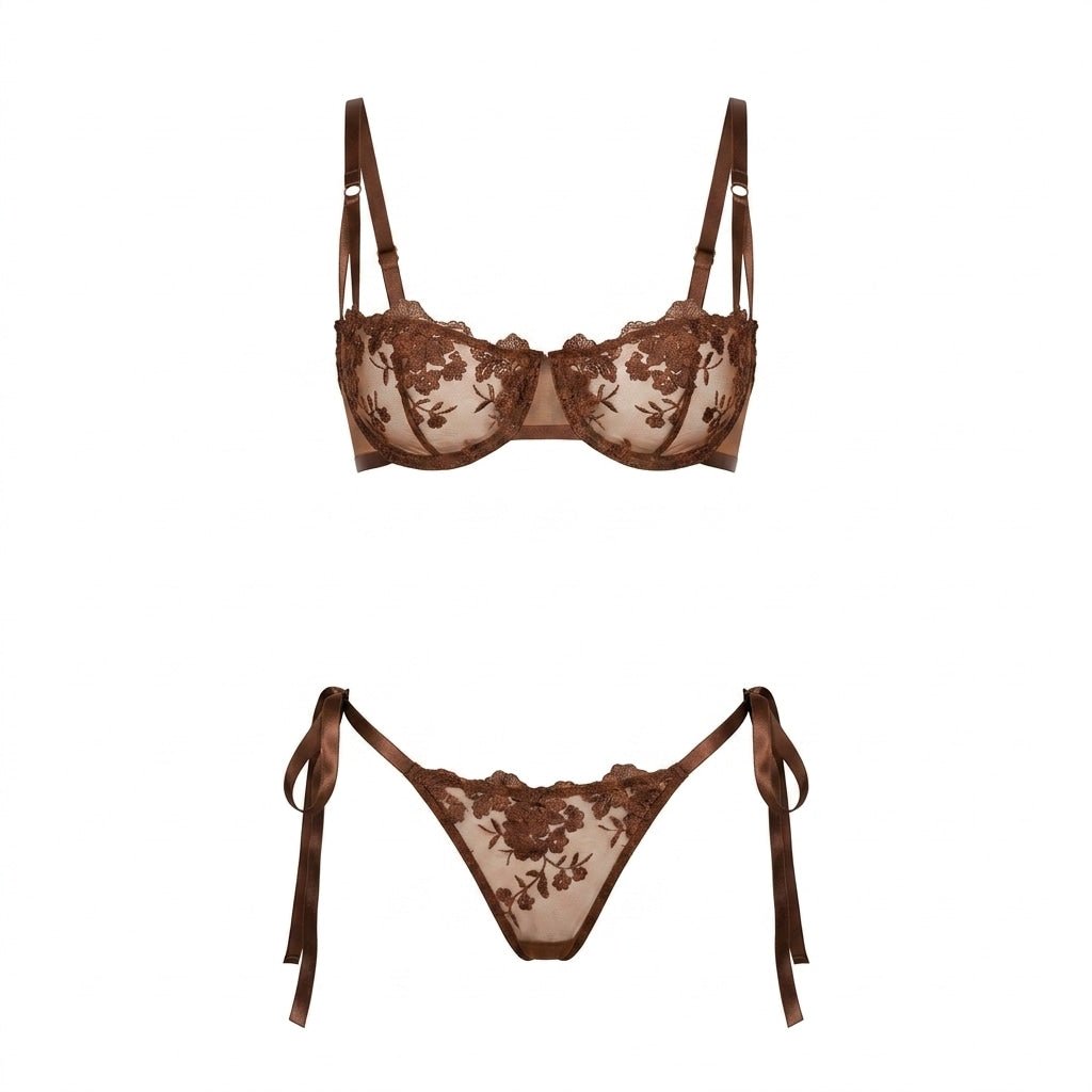 Floral Embroidered Mesh Lingerie Set