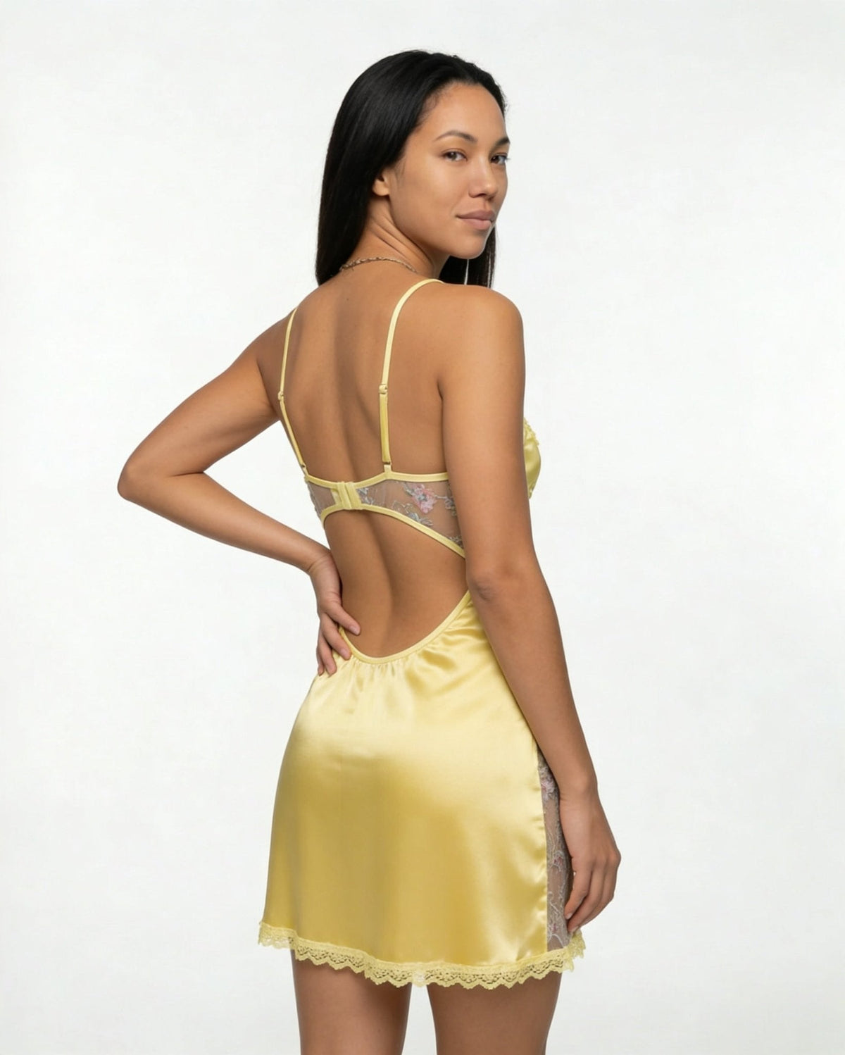 Floral Embroidered Mesh Satin Chemise
