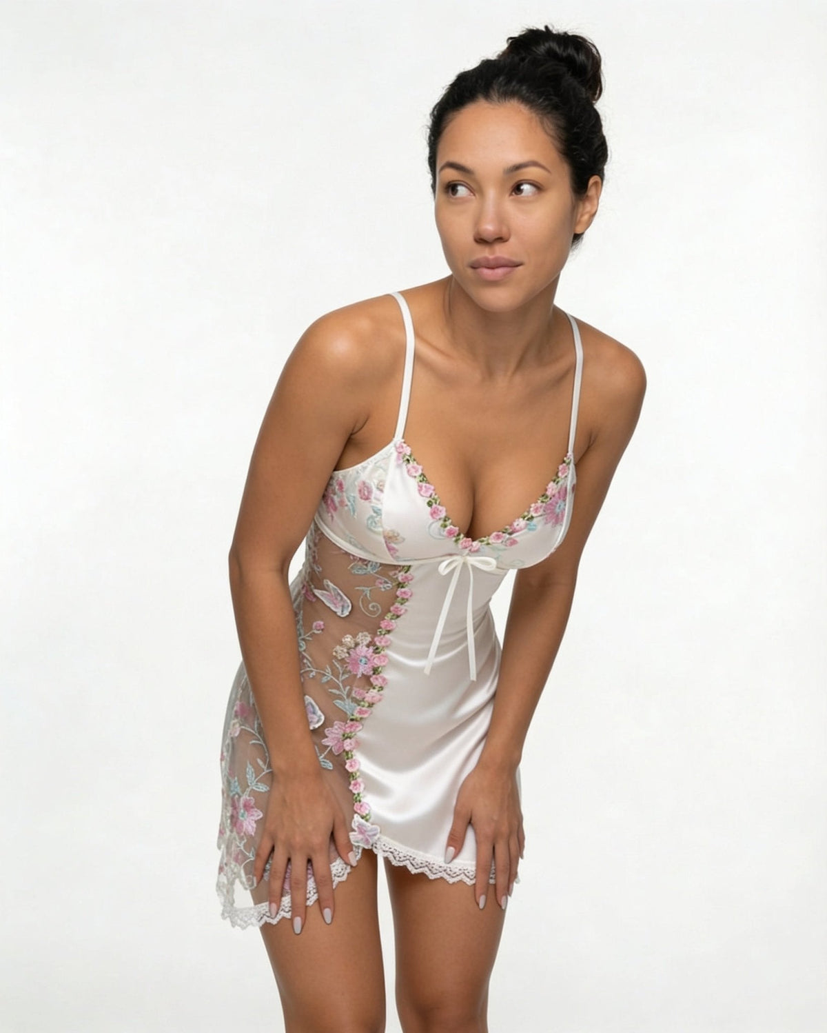 Floral Embroidered Mesh Satin Chemise