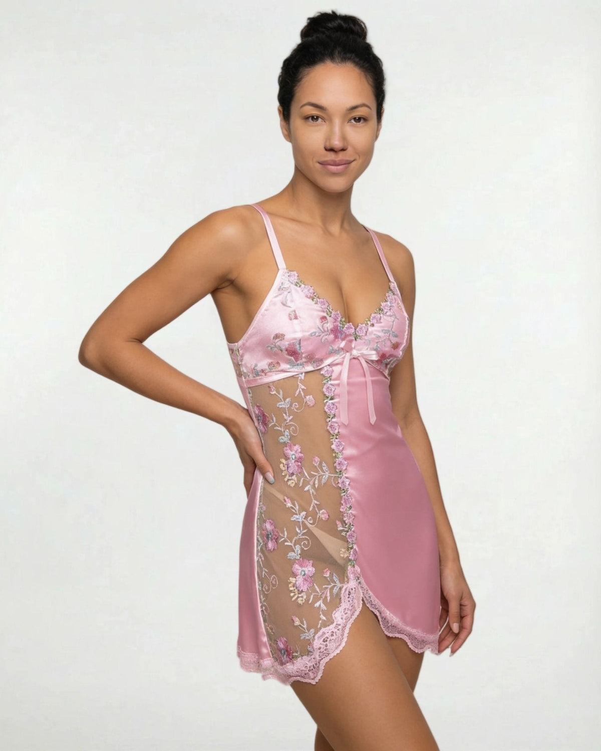 Floral Embroidered Mesh Satin Chemise