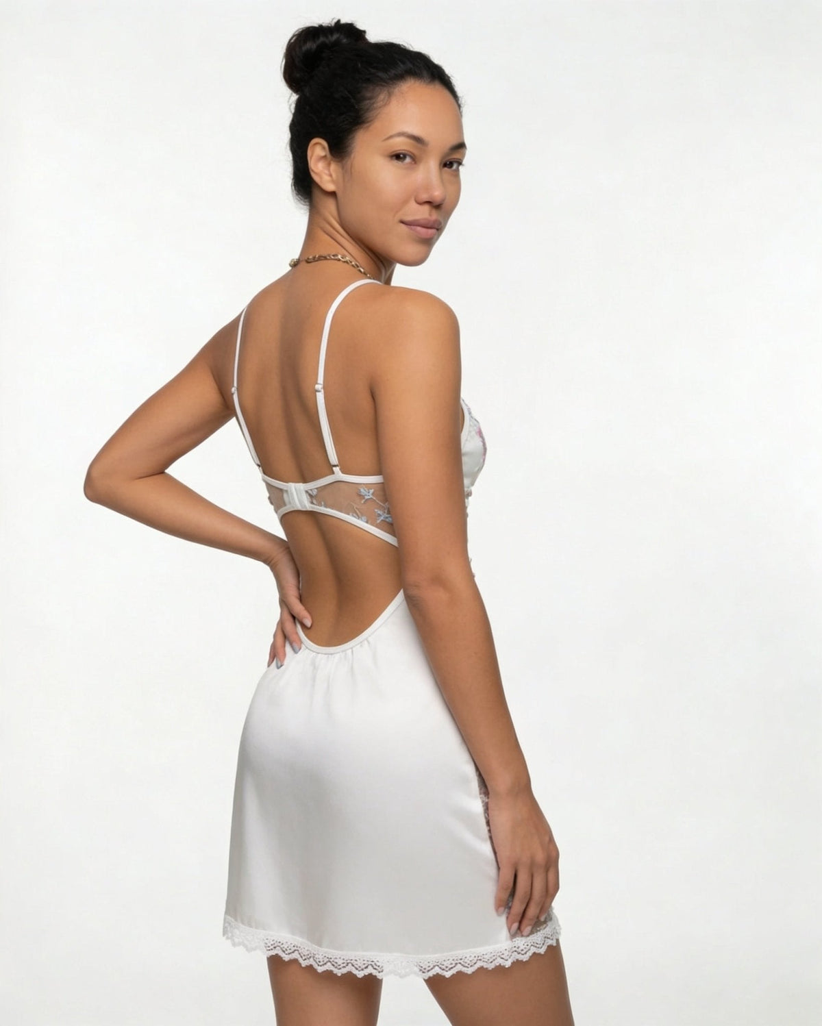 Floral Embroidered Mesh Satin Chemise