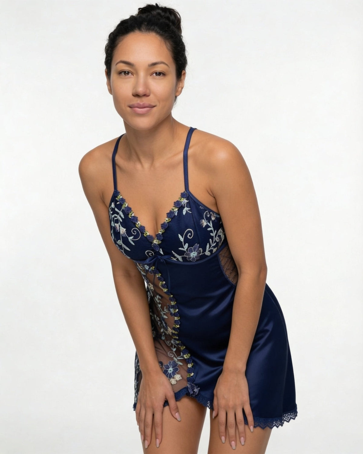 Floral Embroidered Mesh Satin Chemise