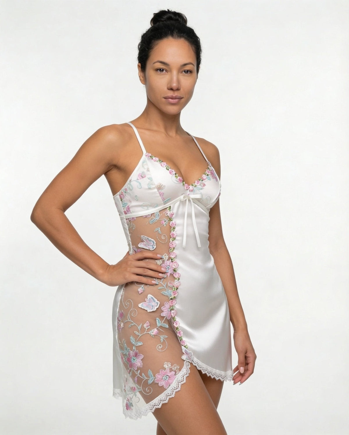 Floral Embroidered Mesh Satin Chemise