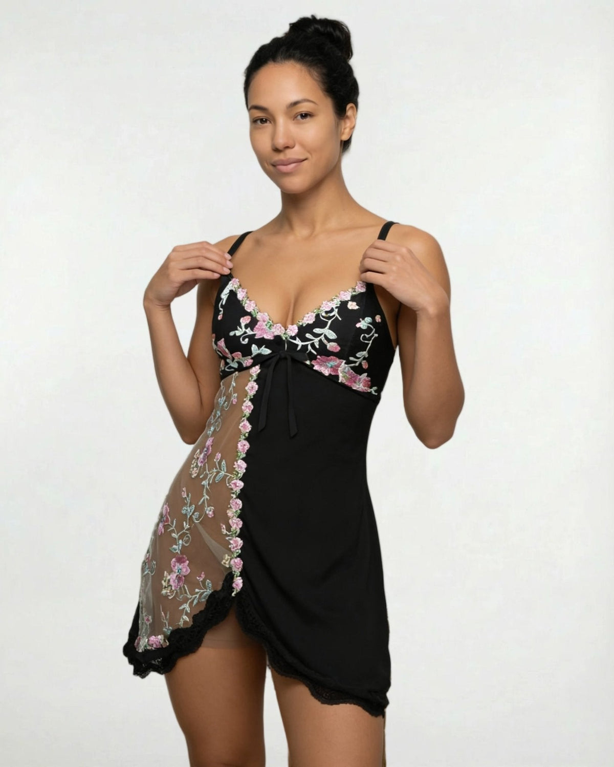 Floral Embroidered Mesh Satin Chemise