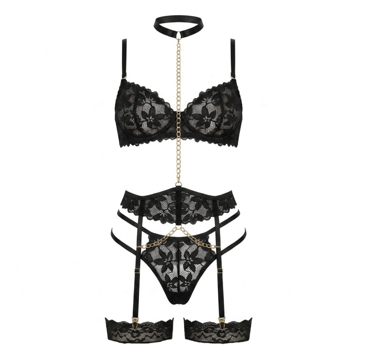 Floral Lace Bridal Lingerie Set With Chain Detail