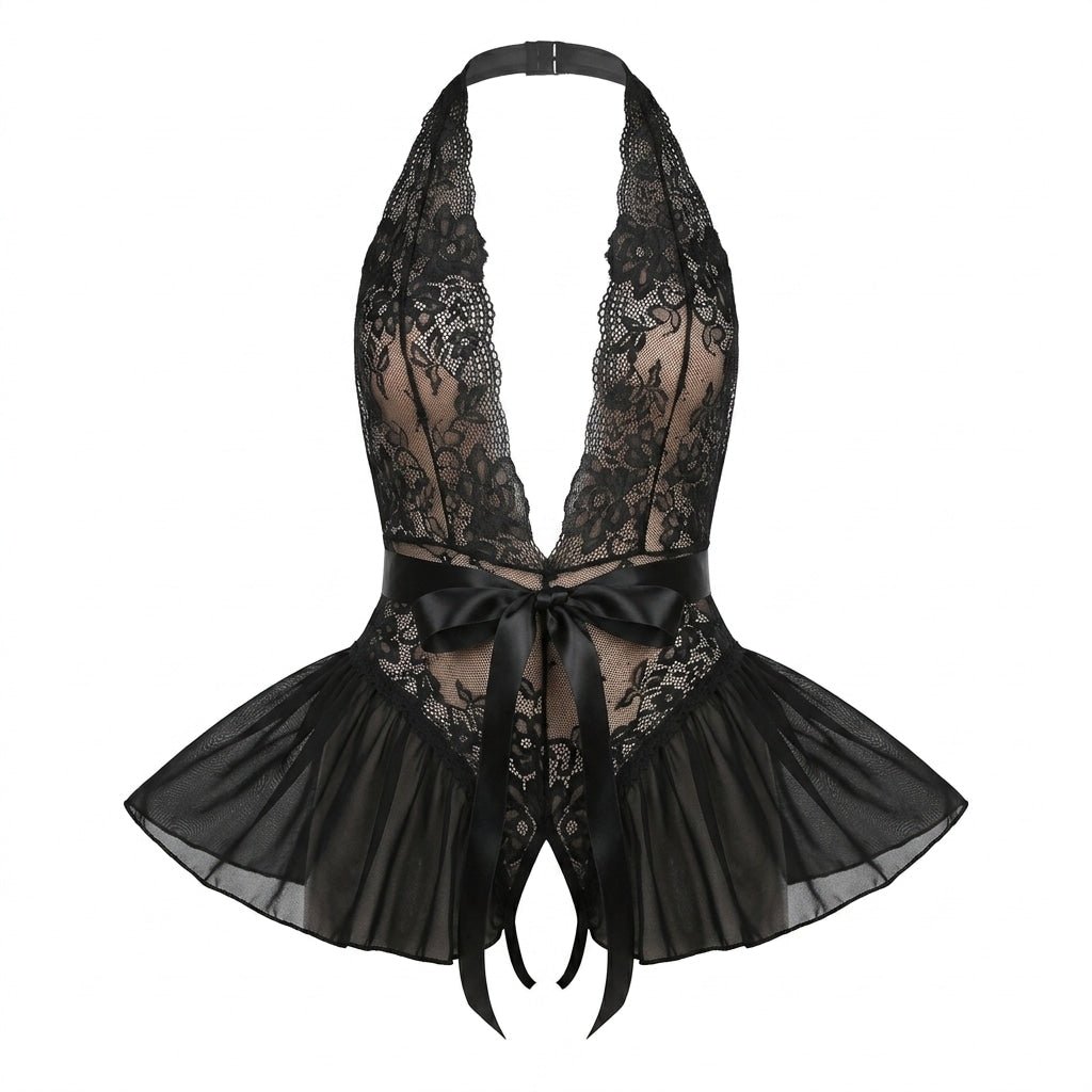 Floral Lace Crotchless Halter Teddy