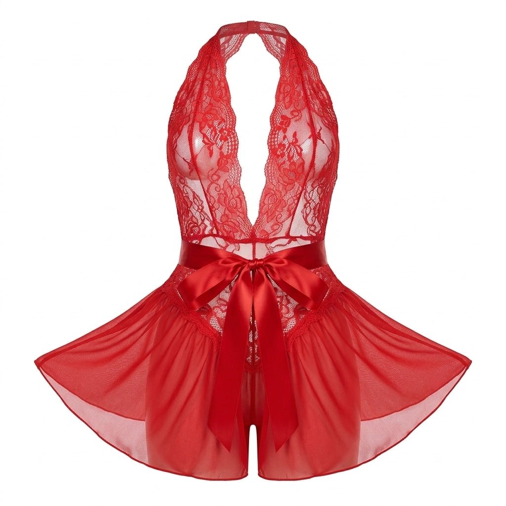 Floral Lace Crotchless Halter Teddy