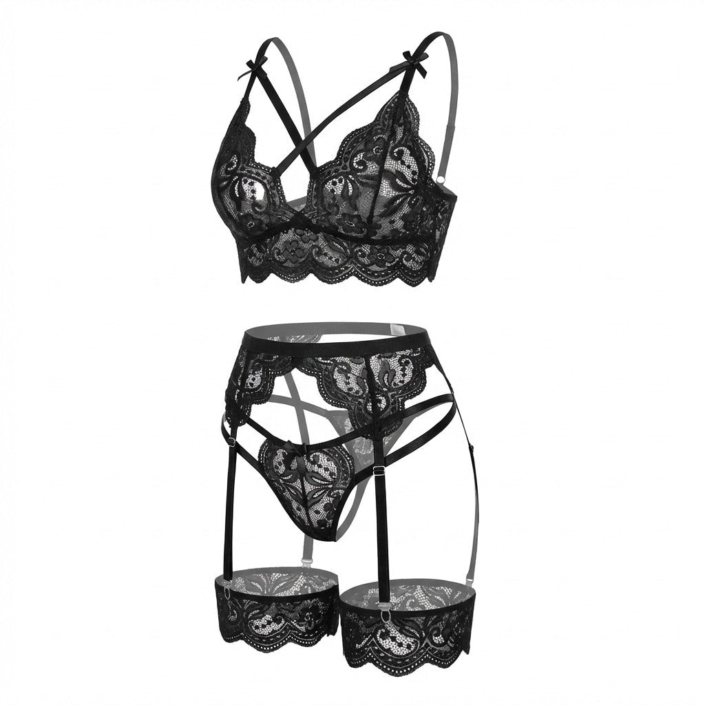 Floral Lace Four Piece Lingerie Set