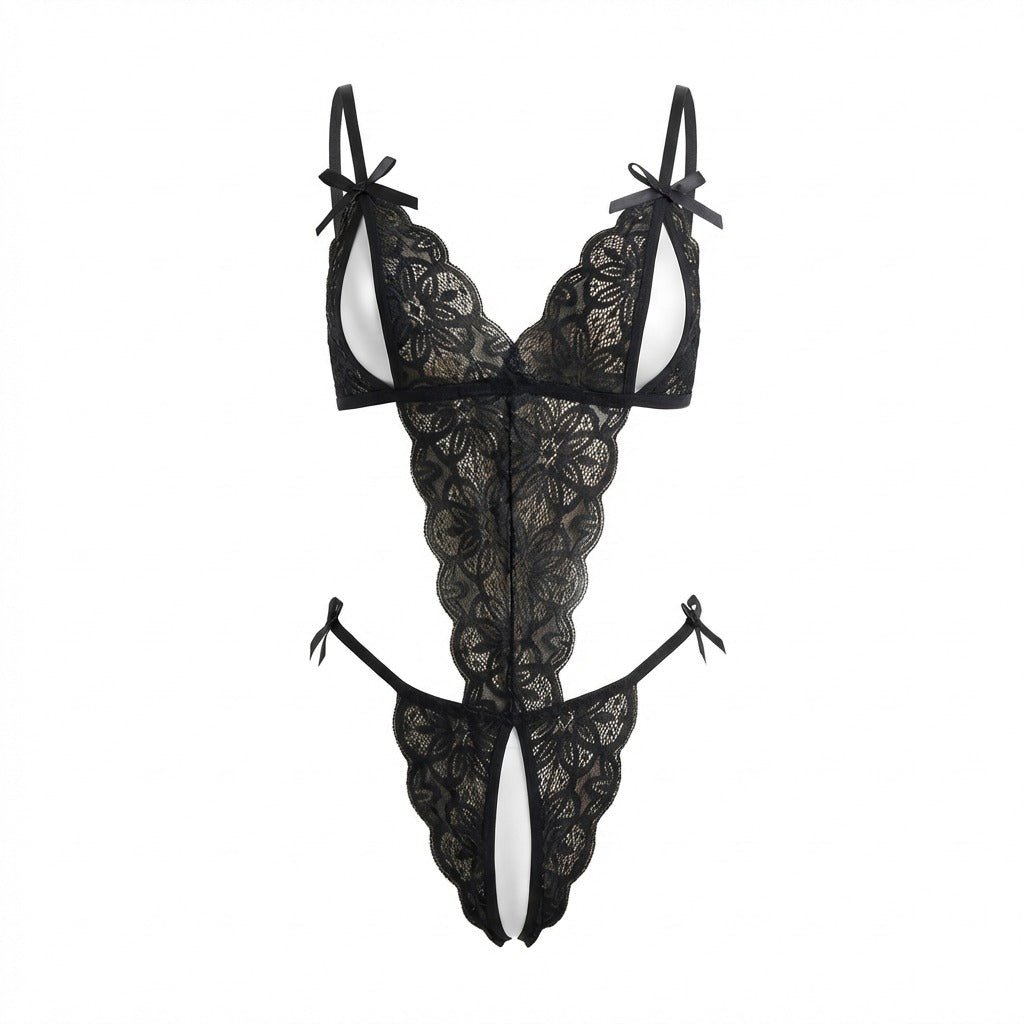 Floral Lace Open Cup Crotchless Teddy