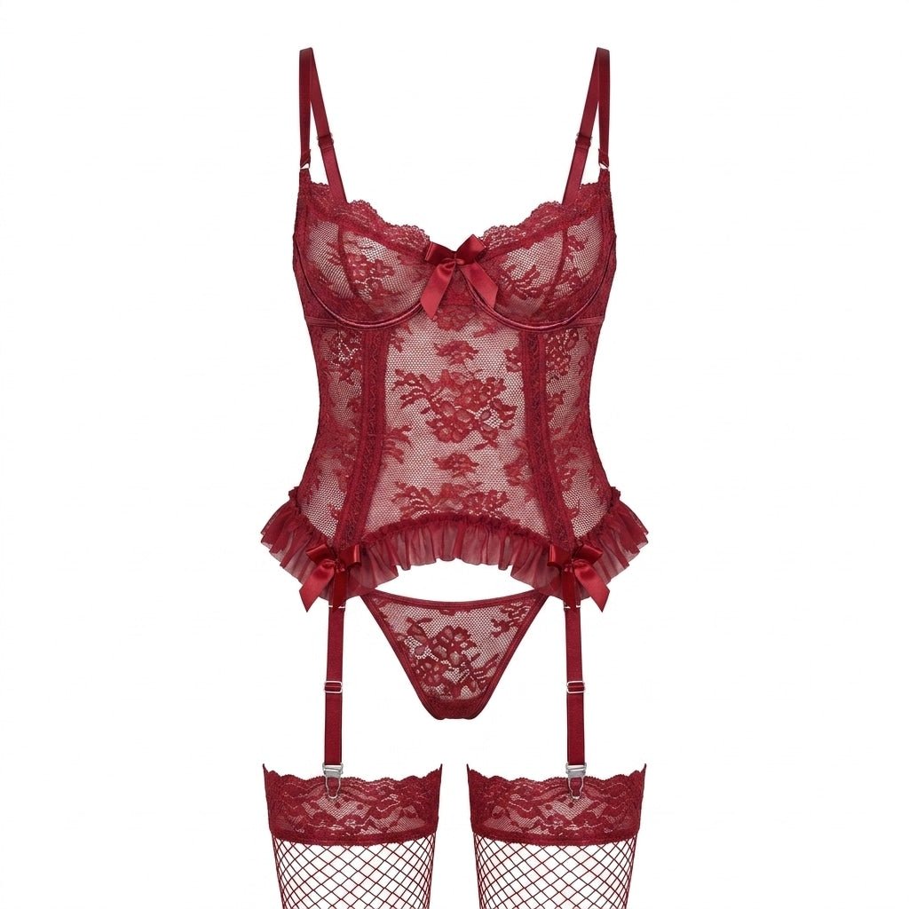 Floral Lace Ruffle Bustier 3 Piece Lingerie Set