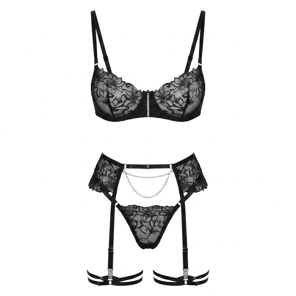 Floral Lace Underwired Four Piece Lingerie Set