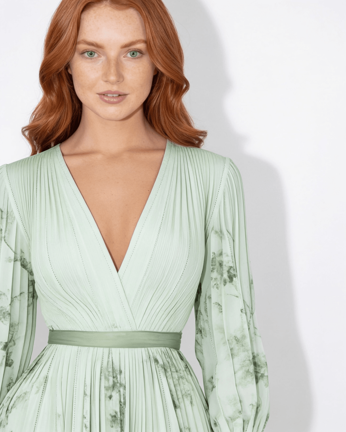 Floral Pleated Long-Sleeve Midi Dress