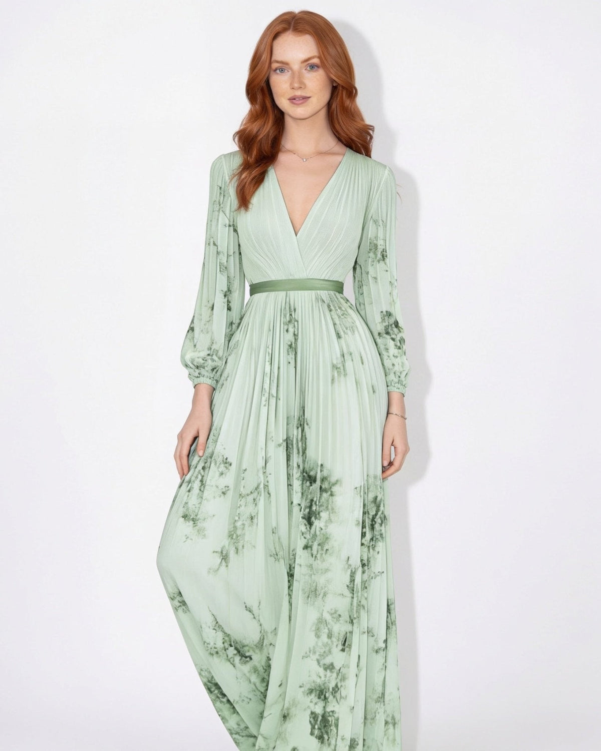 Floral Pleated Long-Sleeve Midi Dress