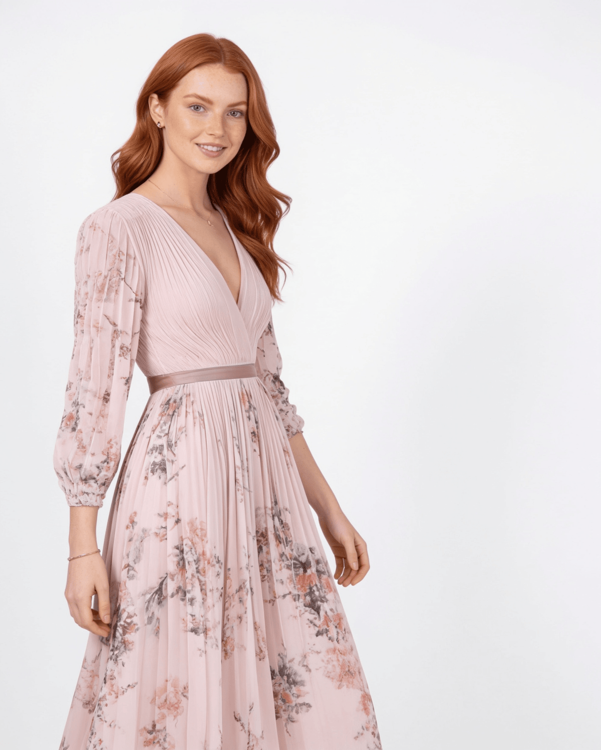 Floral Pleated Long-Sleeve Midi Dress