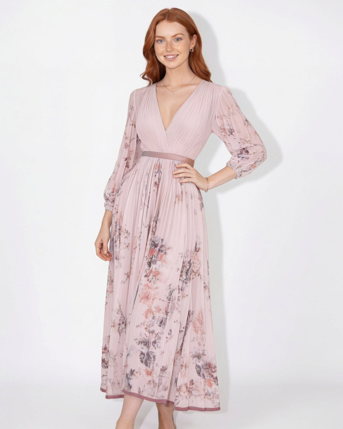Floral Pleated Long-Sleeve Midi Dress