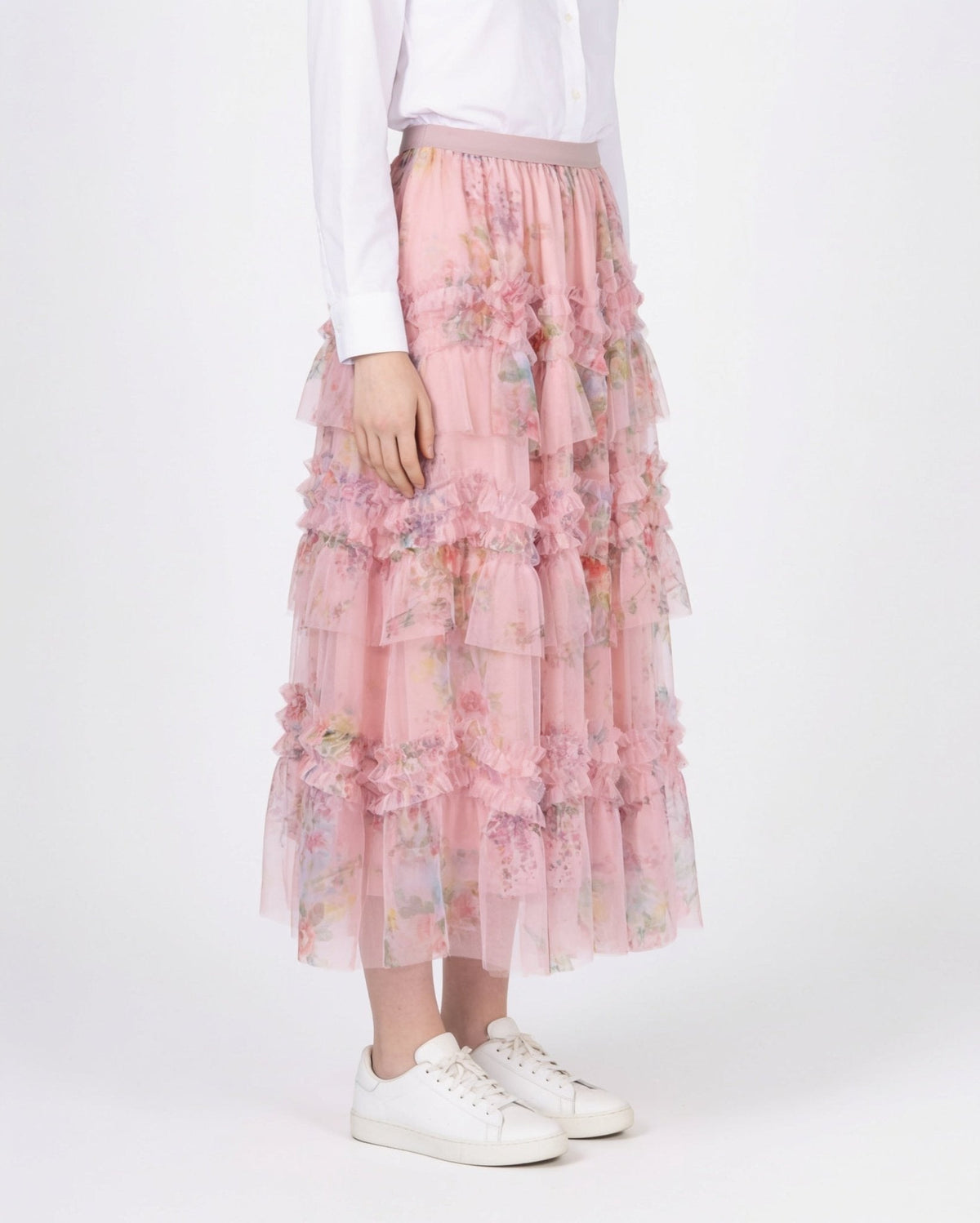 Floral Tiered Tulle Midi Skirt