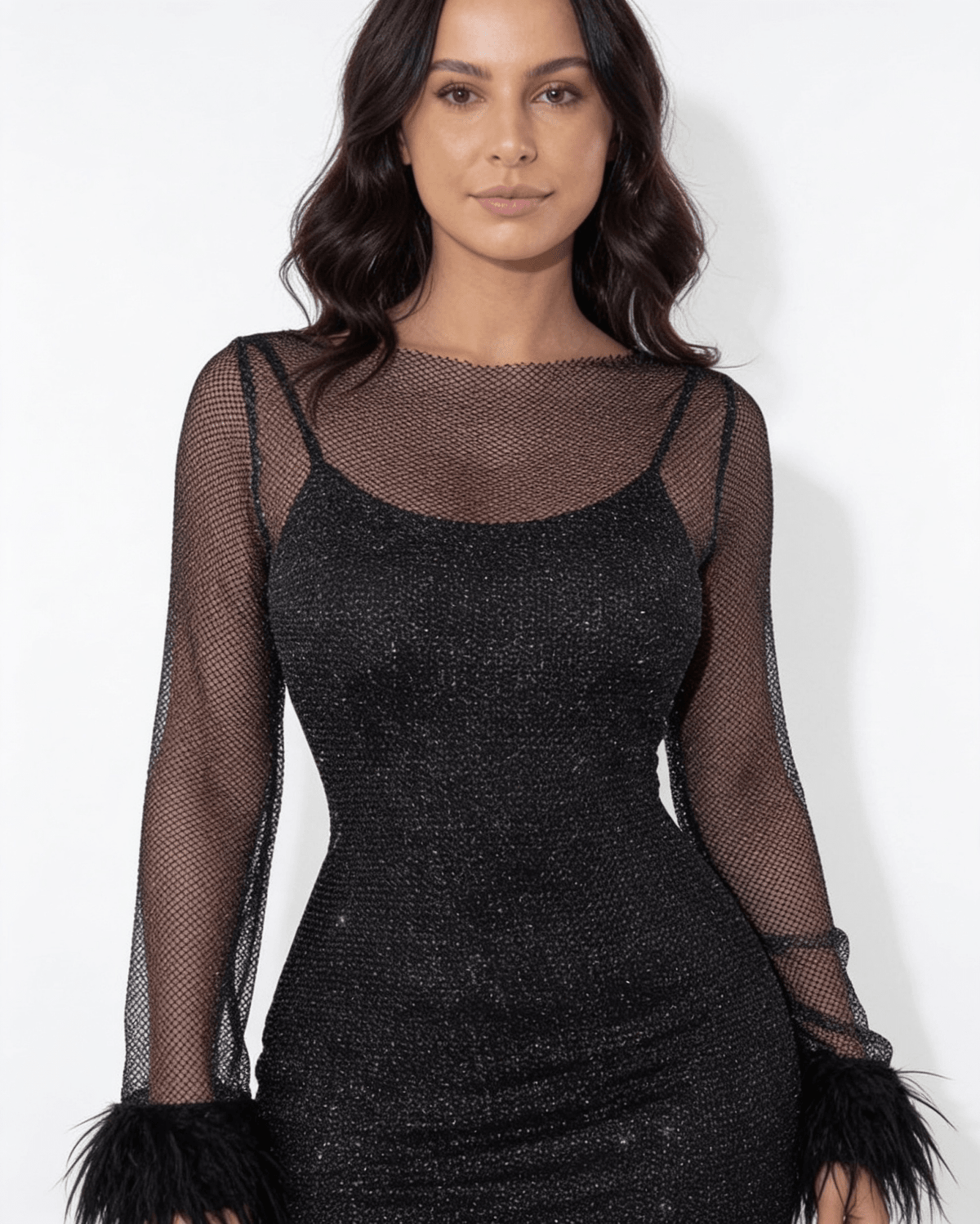 Glitter Feather-Cuff Long-Sleeve Mini Dress