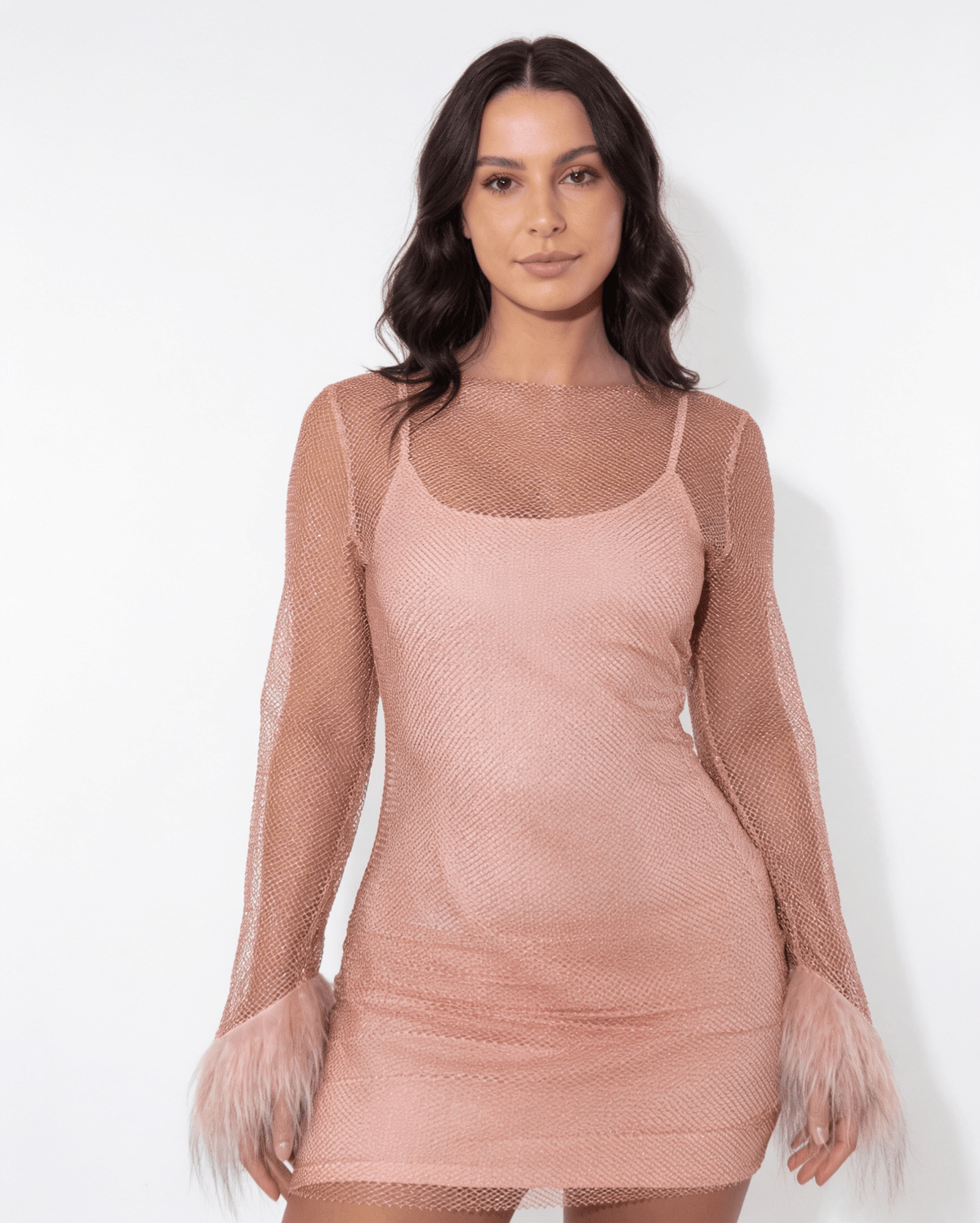 Glitter Feather-Cuff Long-Sleeve Mini Dress