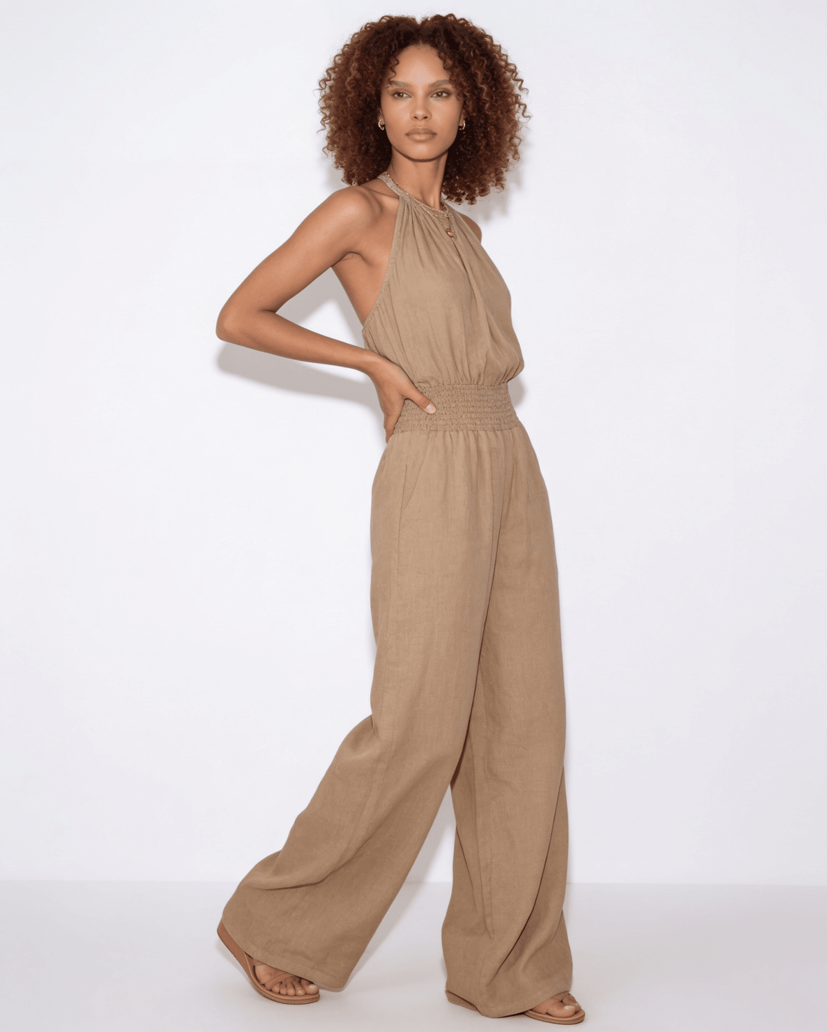 Halterneck Smocked-Waist Wide-Leg Jumpsuit