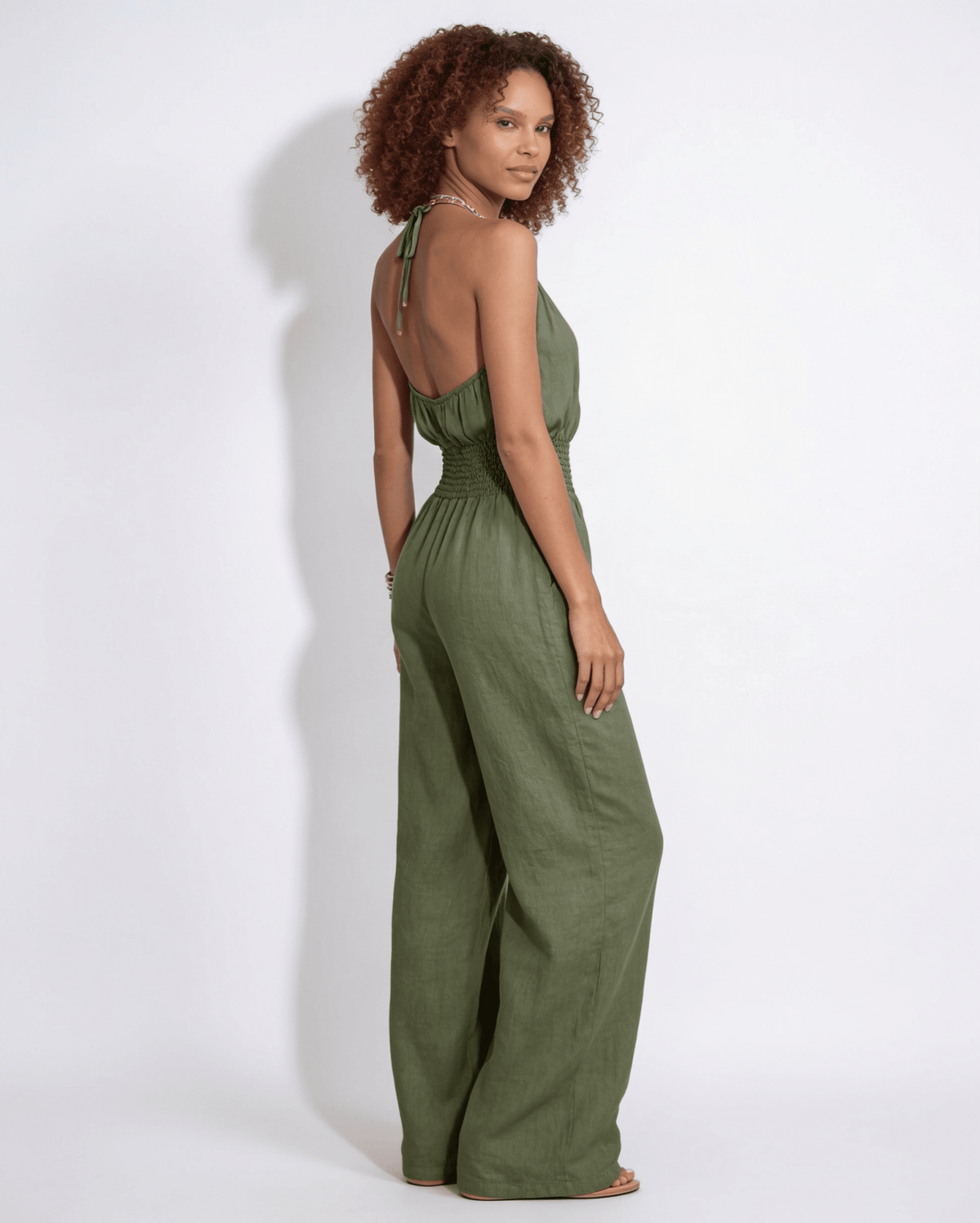 Halterneck Smocked-Waist Wide-Leg Jumpsuit