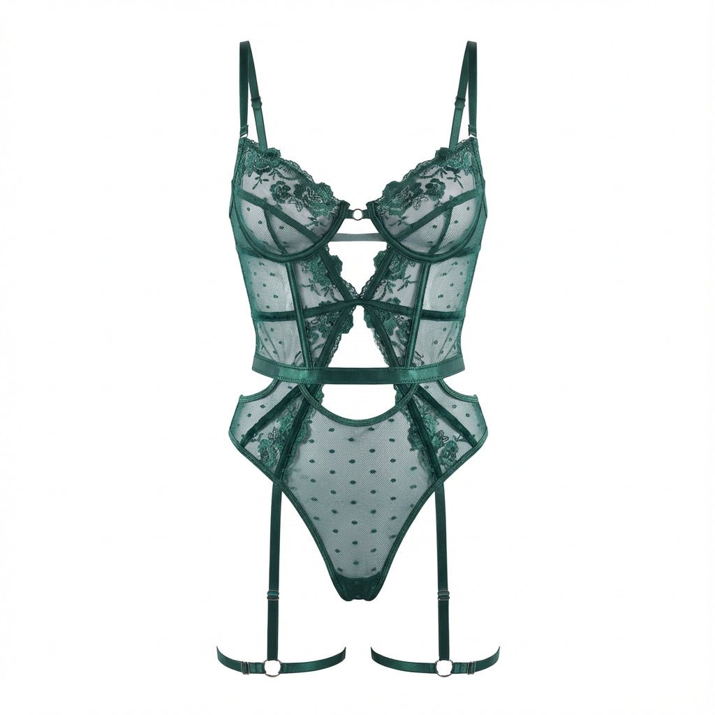 Lace And Mesh Bodysuit With Garter Straps