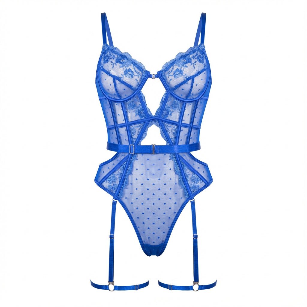 Lace And Mesh Bodysuit With Garter Straps