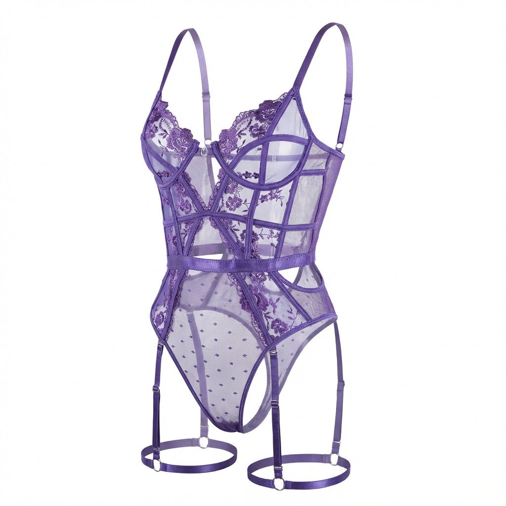 Lace And Mesh Bodysuit With Garter Straps