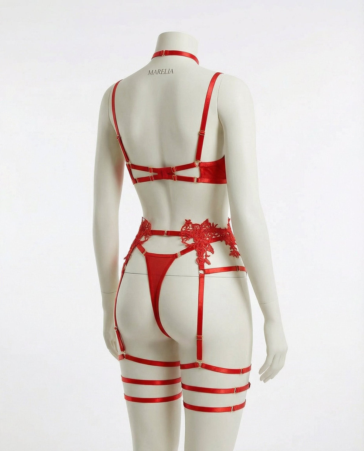 Lace Appliqué Bra G-String And Suspender Set