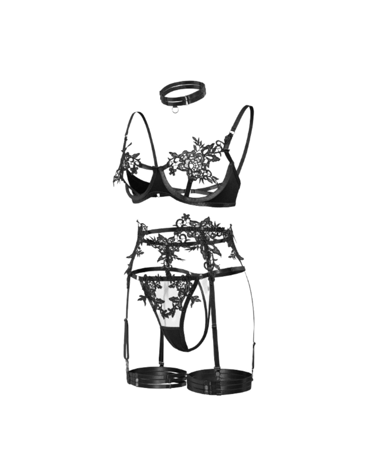Lace Appliqué Bra G-String And Suspender Set