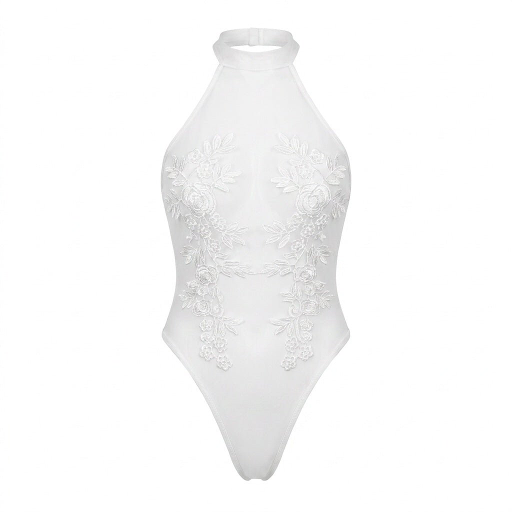 Lace Appliqué Halter Bodysuit With Back Cutout