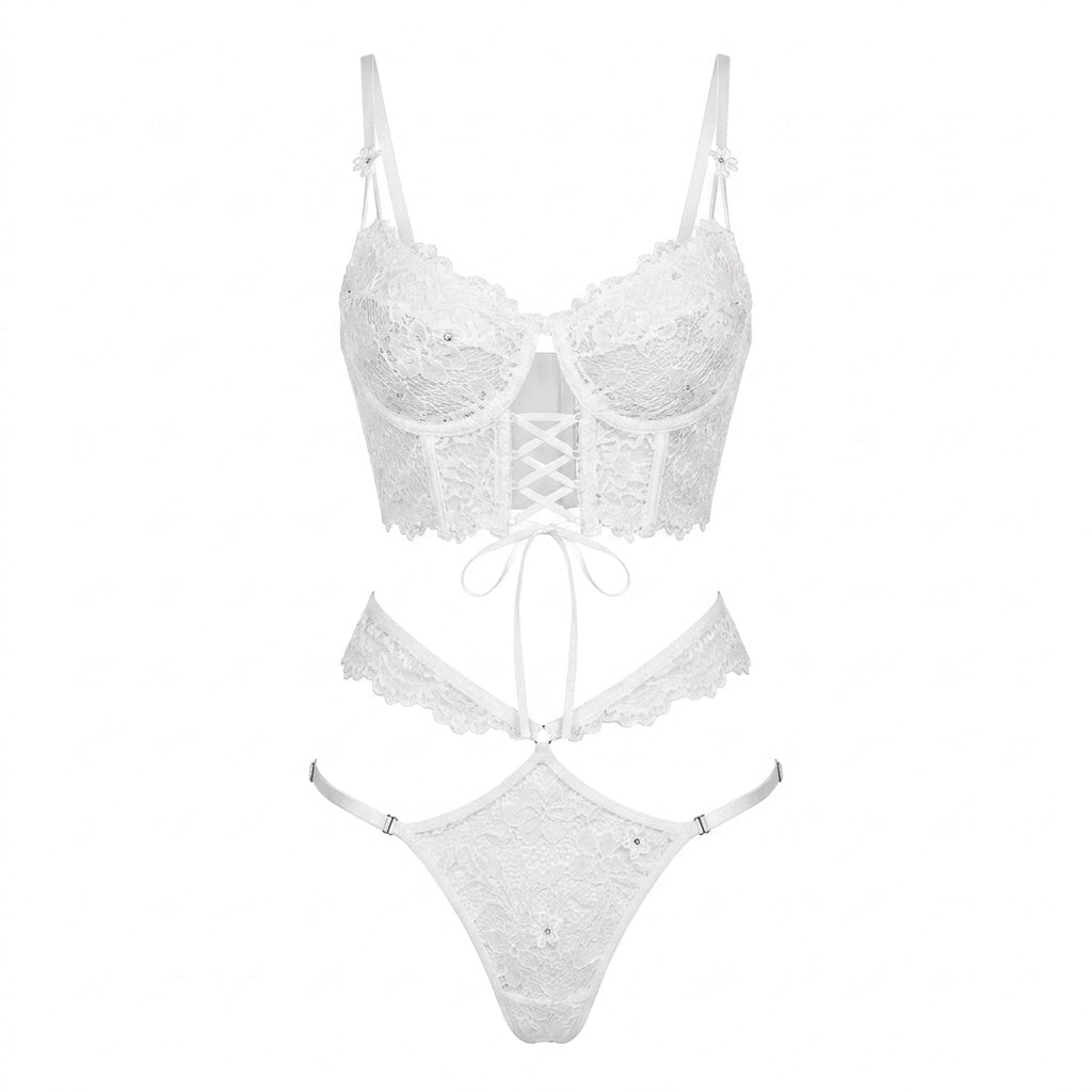 Lace Bra And Thong Set With Corset Lace-Up Detail