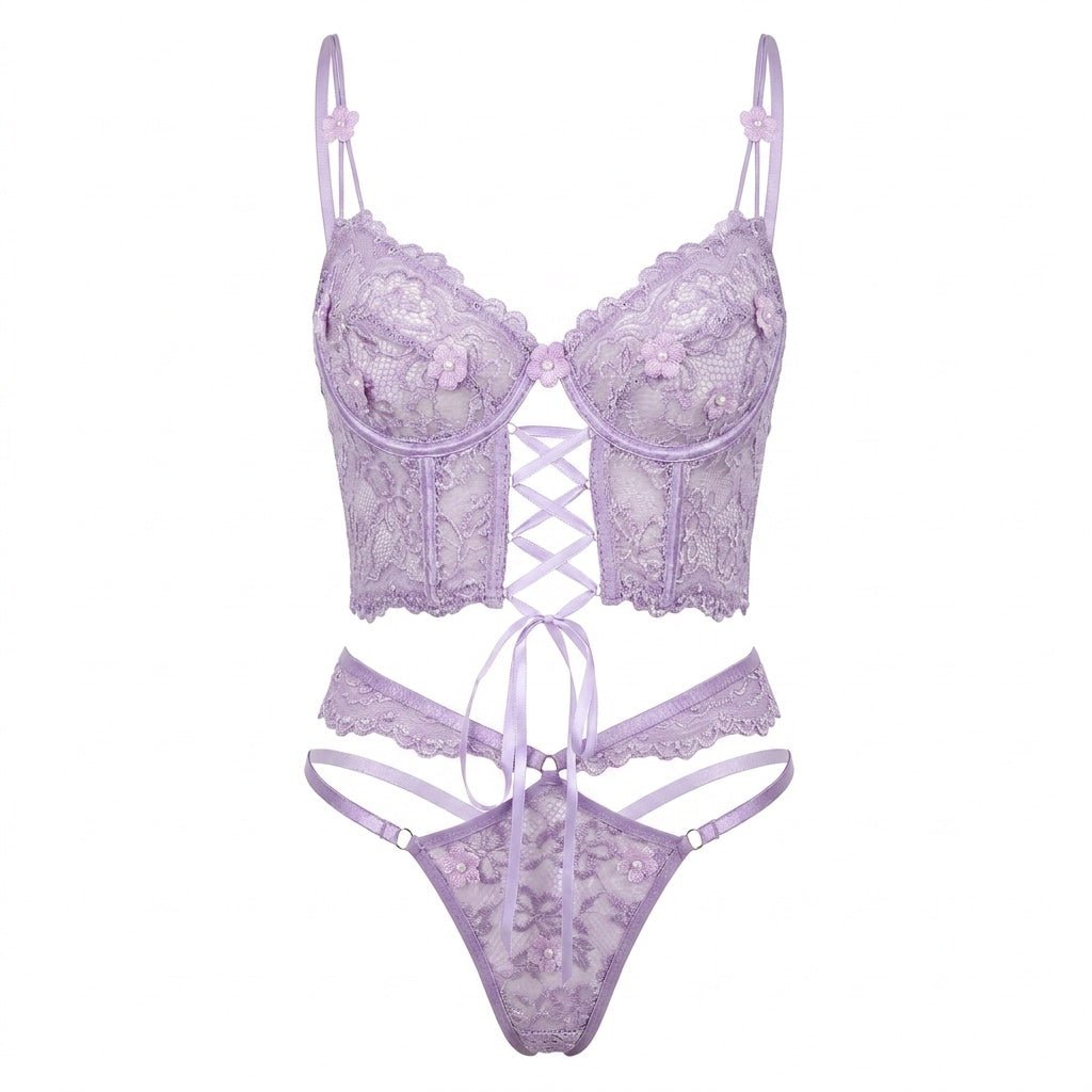 Lace Bra And Thong Set With Corset Lace-Up Detail