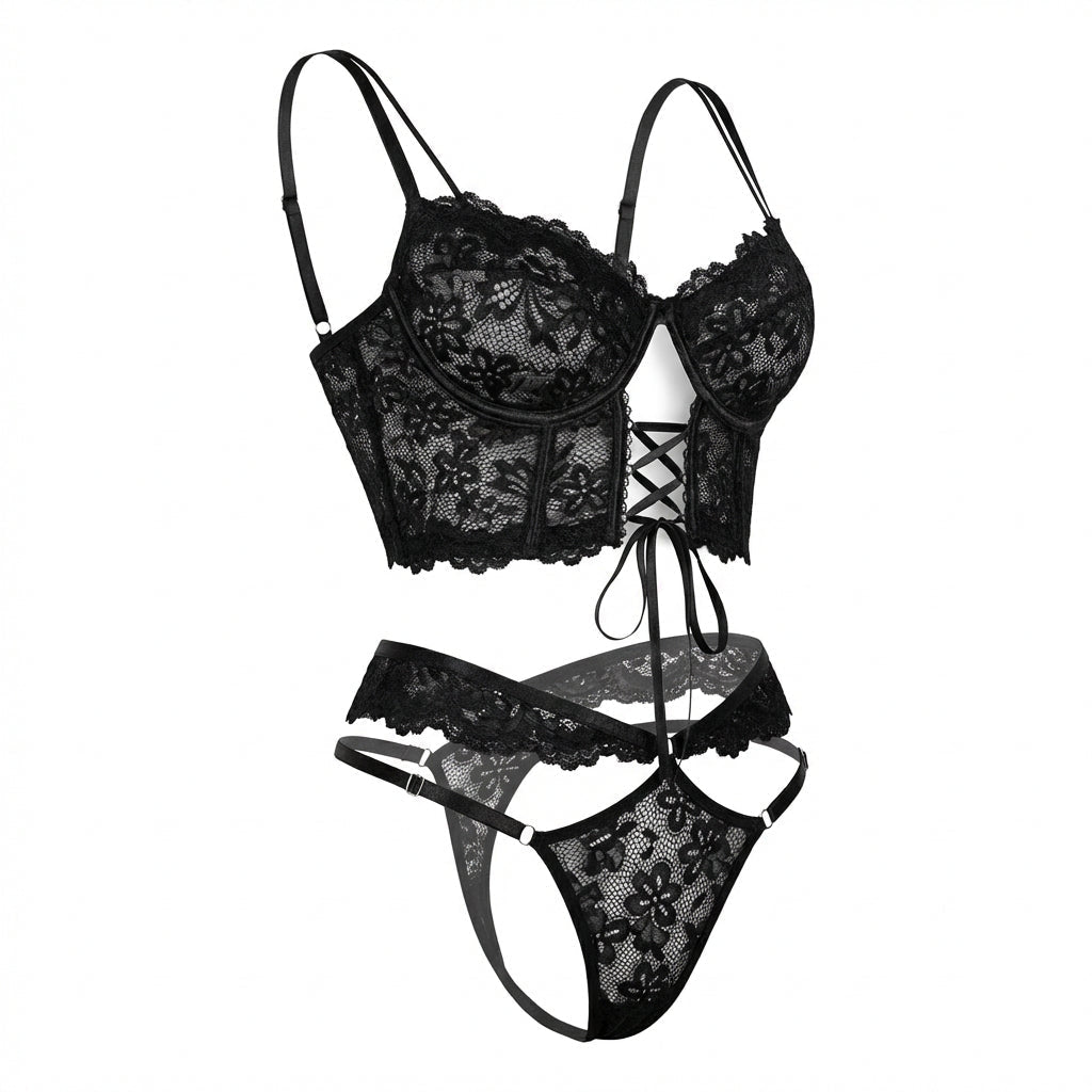 Lace Bra And Thong Set With Corset Lace-Up Detail