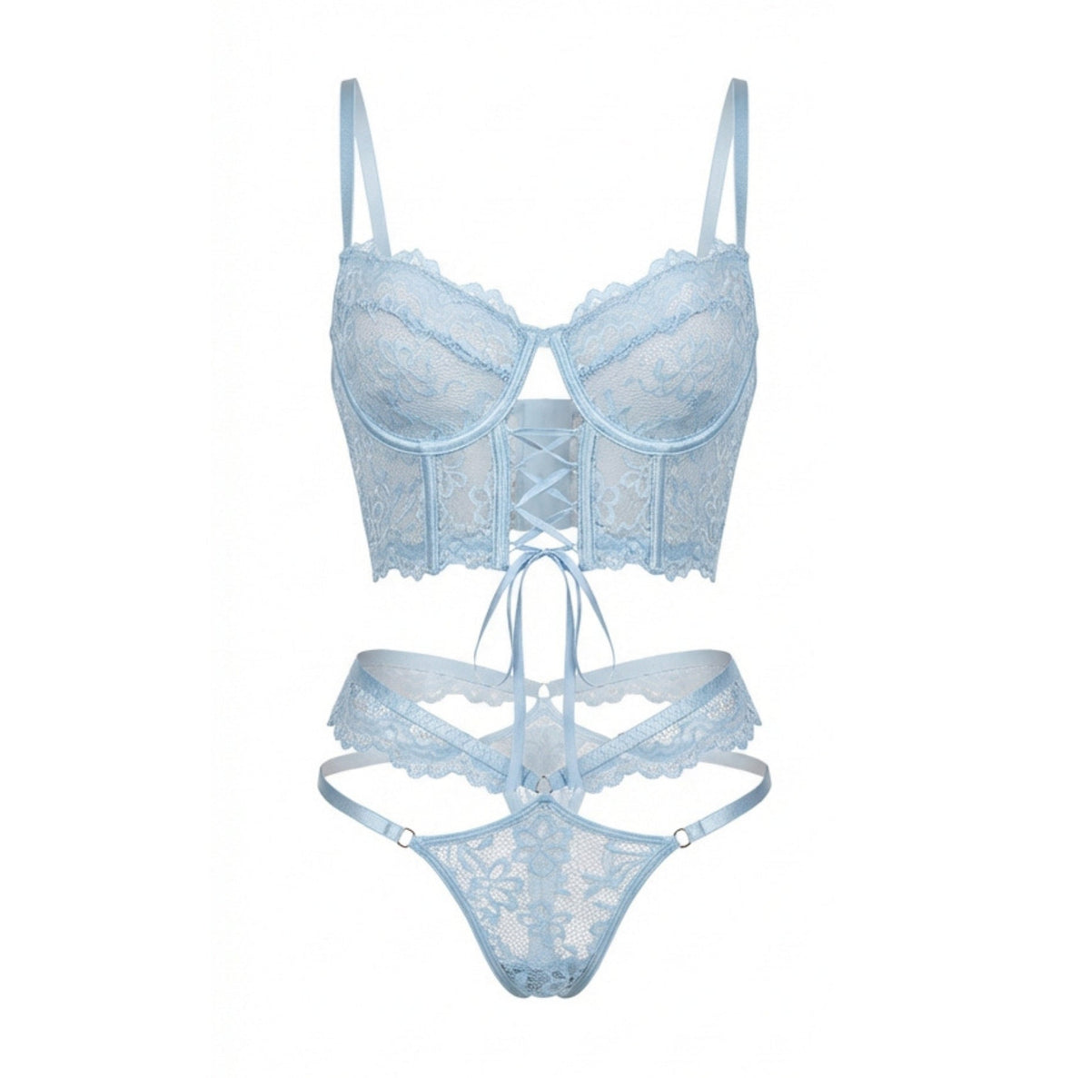 Lace Bra And Thong Set With Corset Lace-Up Detail