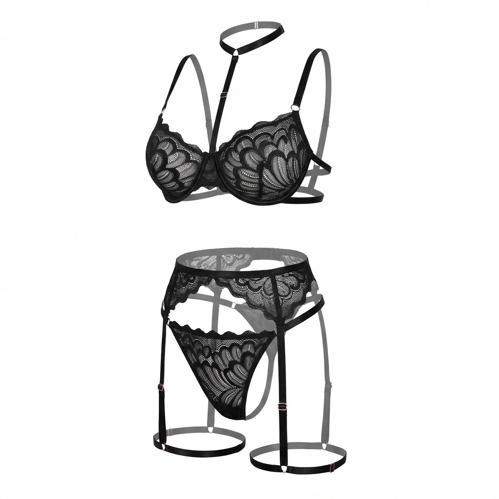 Lace Bra High Waist Suspender Brief And Thigh Garter Set