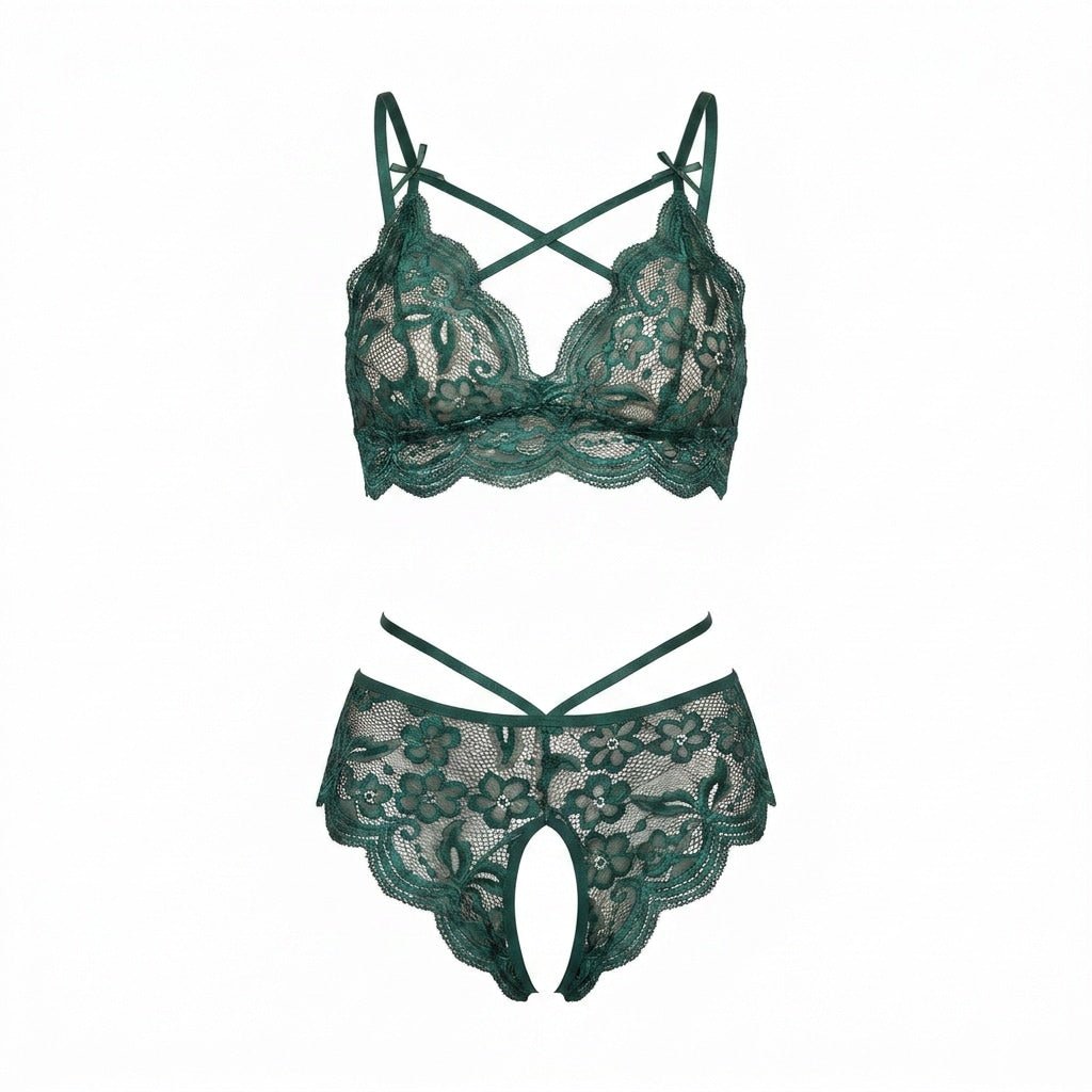 Lace Bralette Crotchless Panty Set