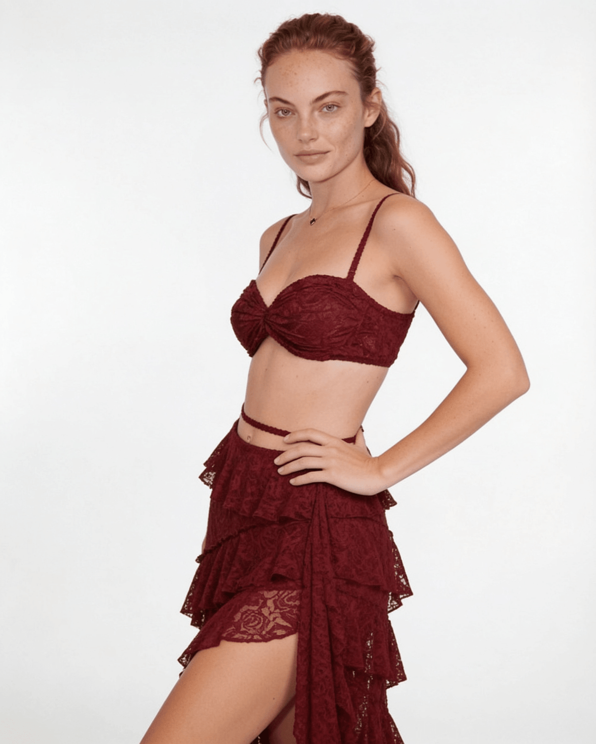 Lace Bralette Ruffle Maxi Skirt Set