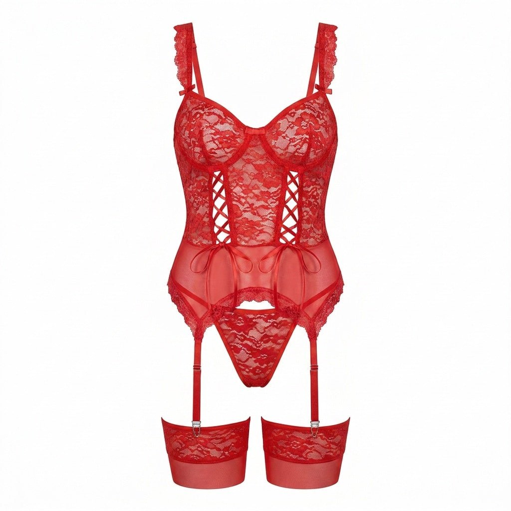 Lace Corset Lingerie Set With Garter Belt and Stockings
