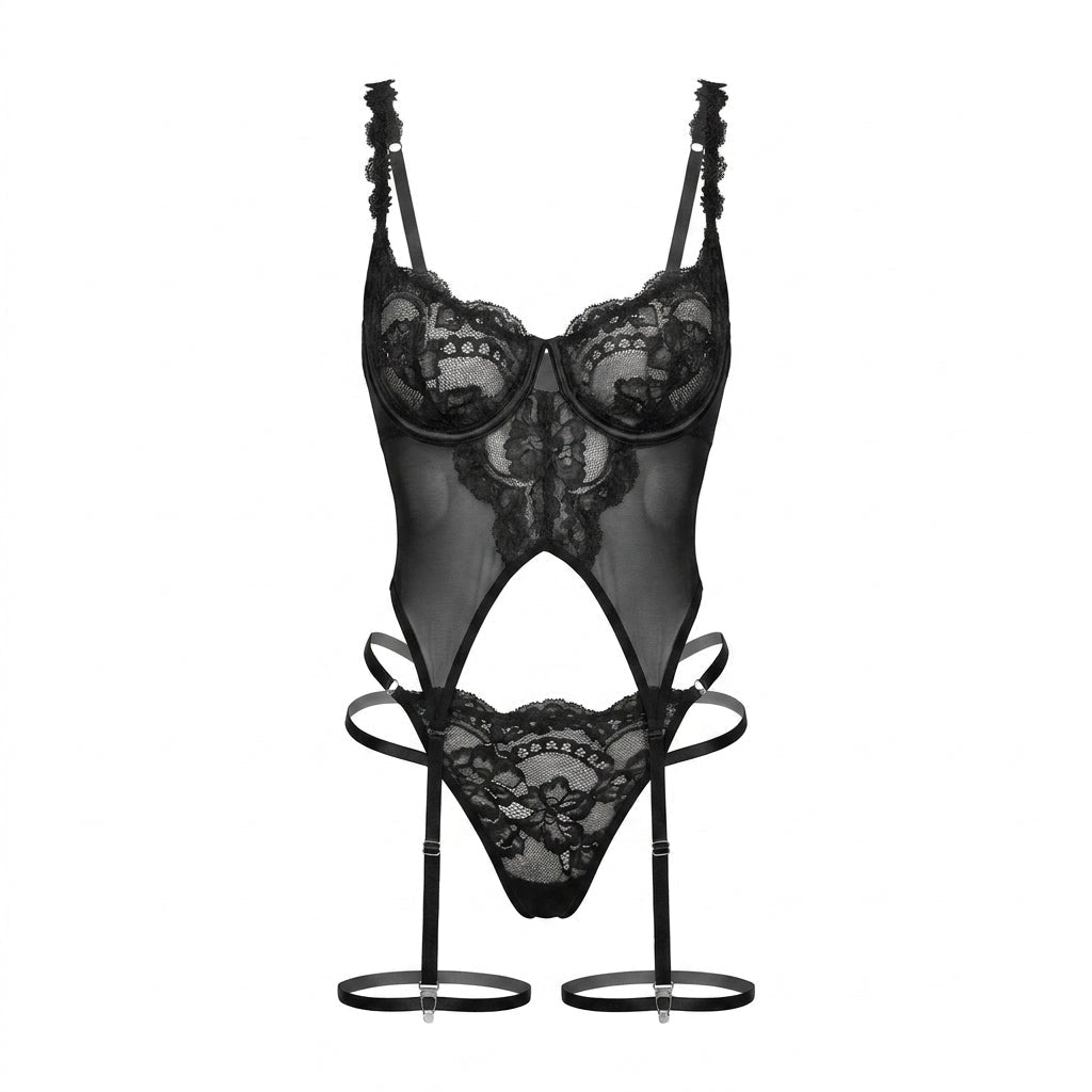 Lace Corset Three Piece Lingerie Set