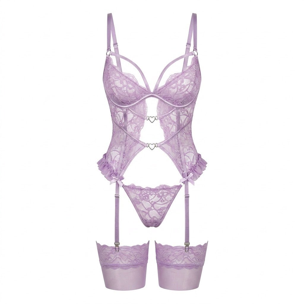 Lace Corset Three Piece Set With Stockings