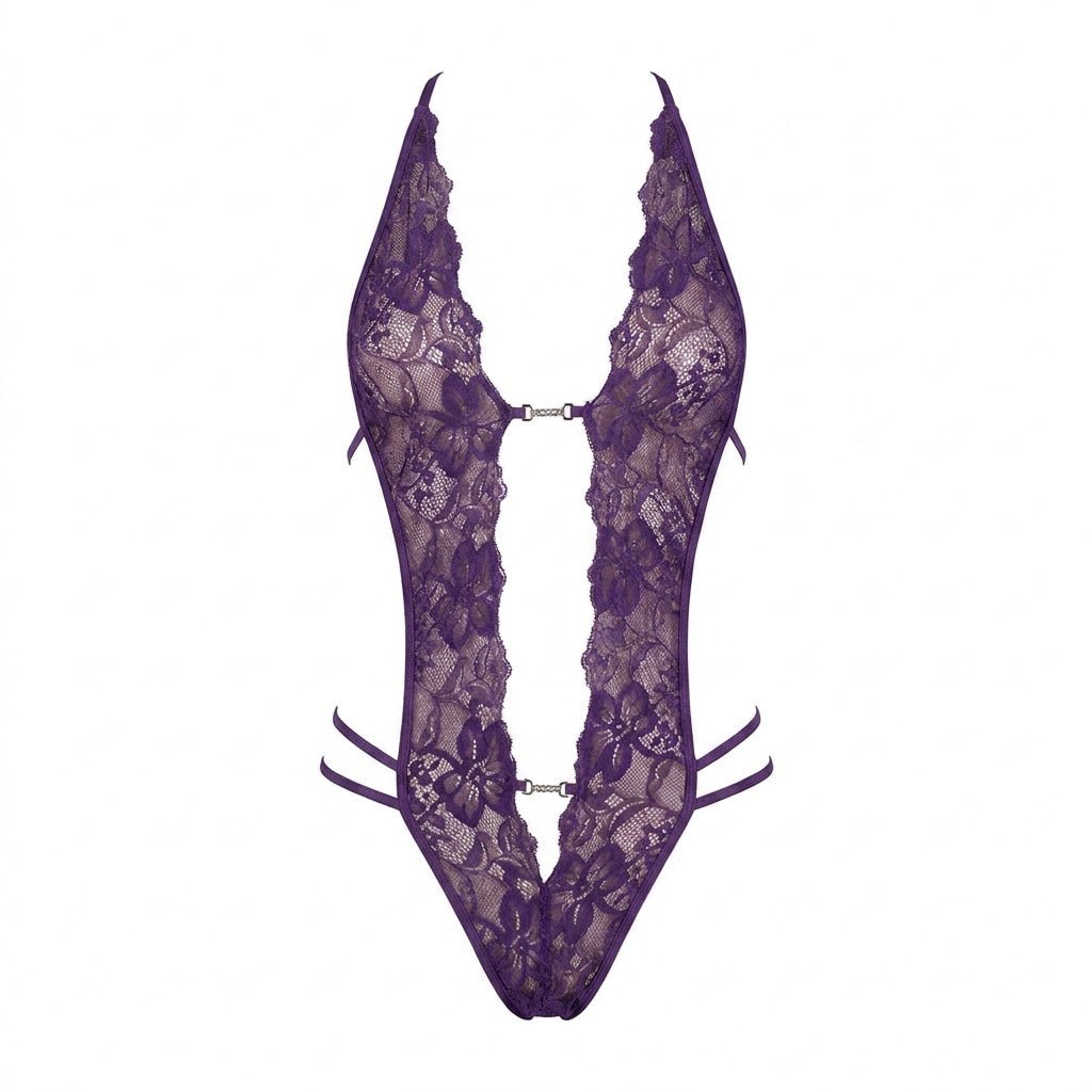 Lace Crotchless Deep V Halter Teddy