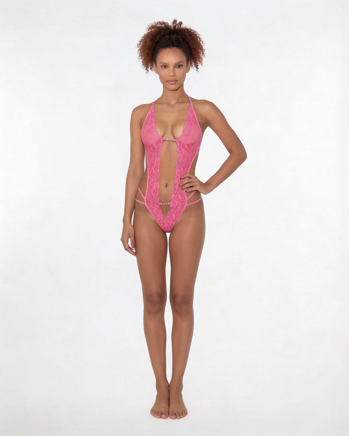 Lace Crotchless Deep V Halter Teddy