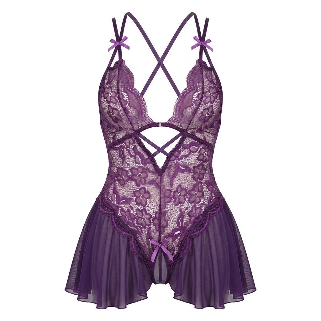 Lace Crotchless Halter Teddy With Pleated Skirt