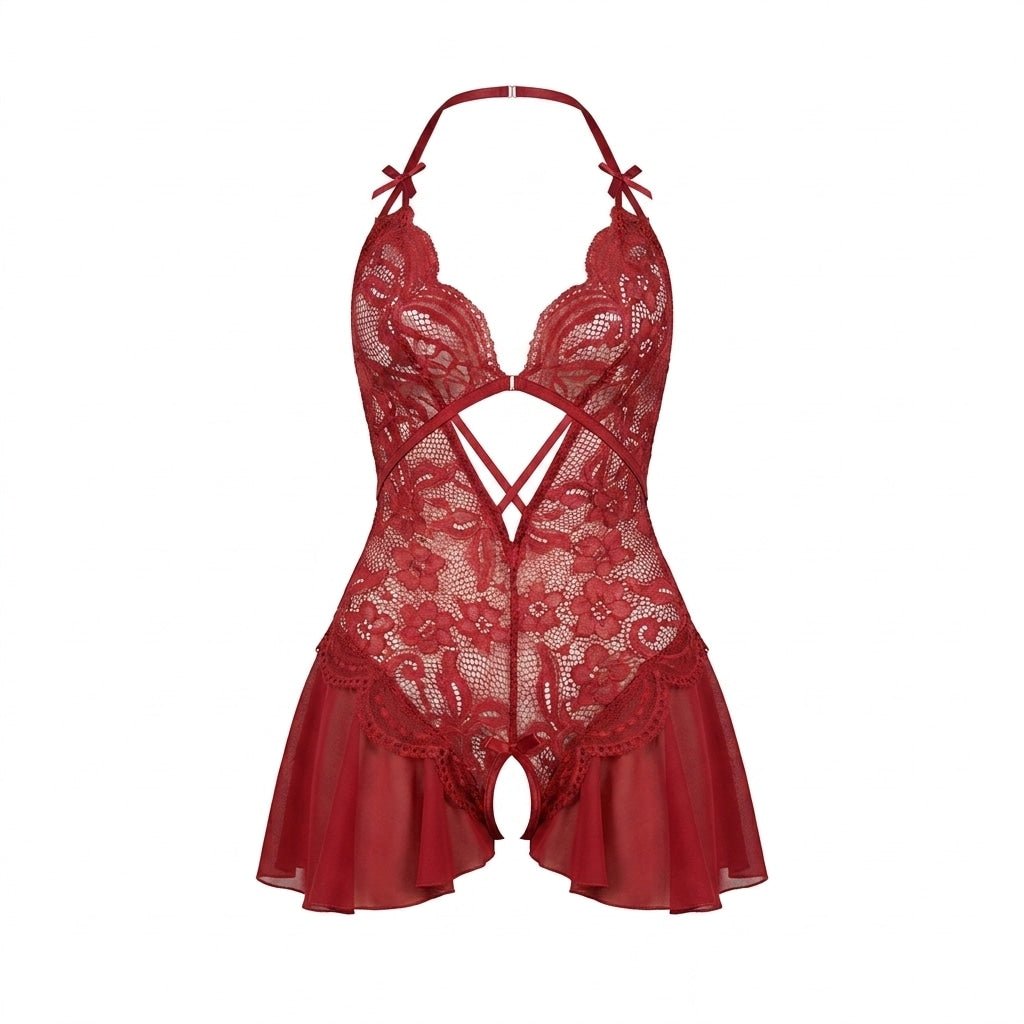 Lace Crotchless Halter Teddy With Pleated Skirt
