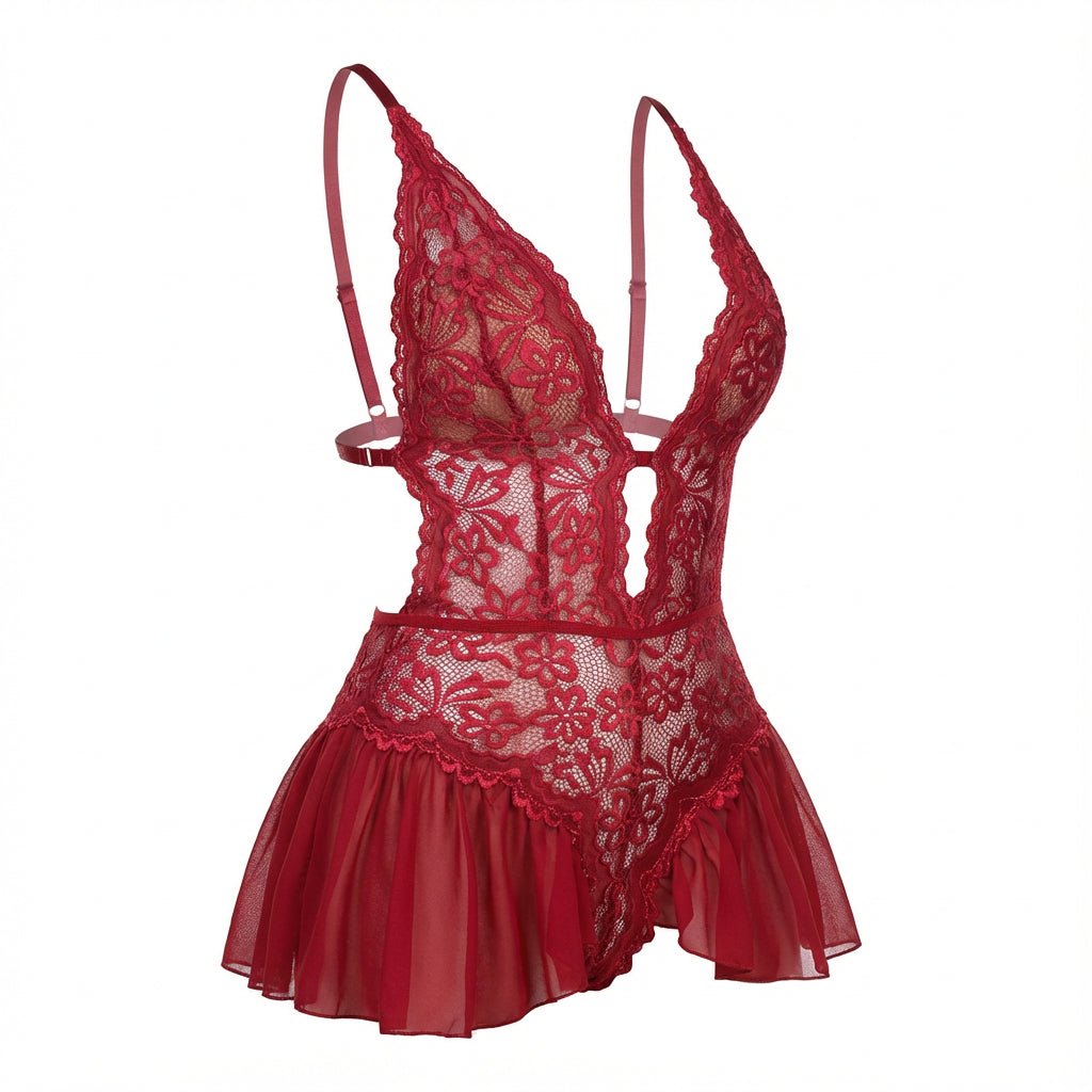 Lace Halter Teddy With Ruffle Skirt