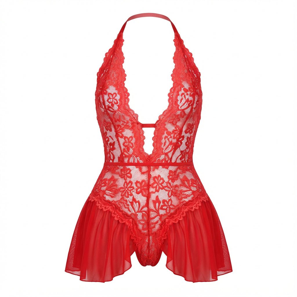 Lace Halter Teddy With Ruffle Skirt