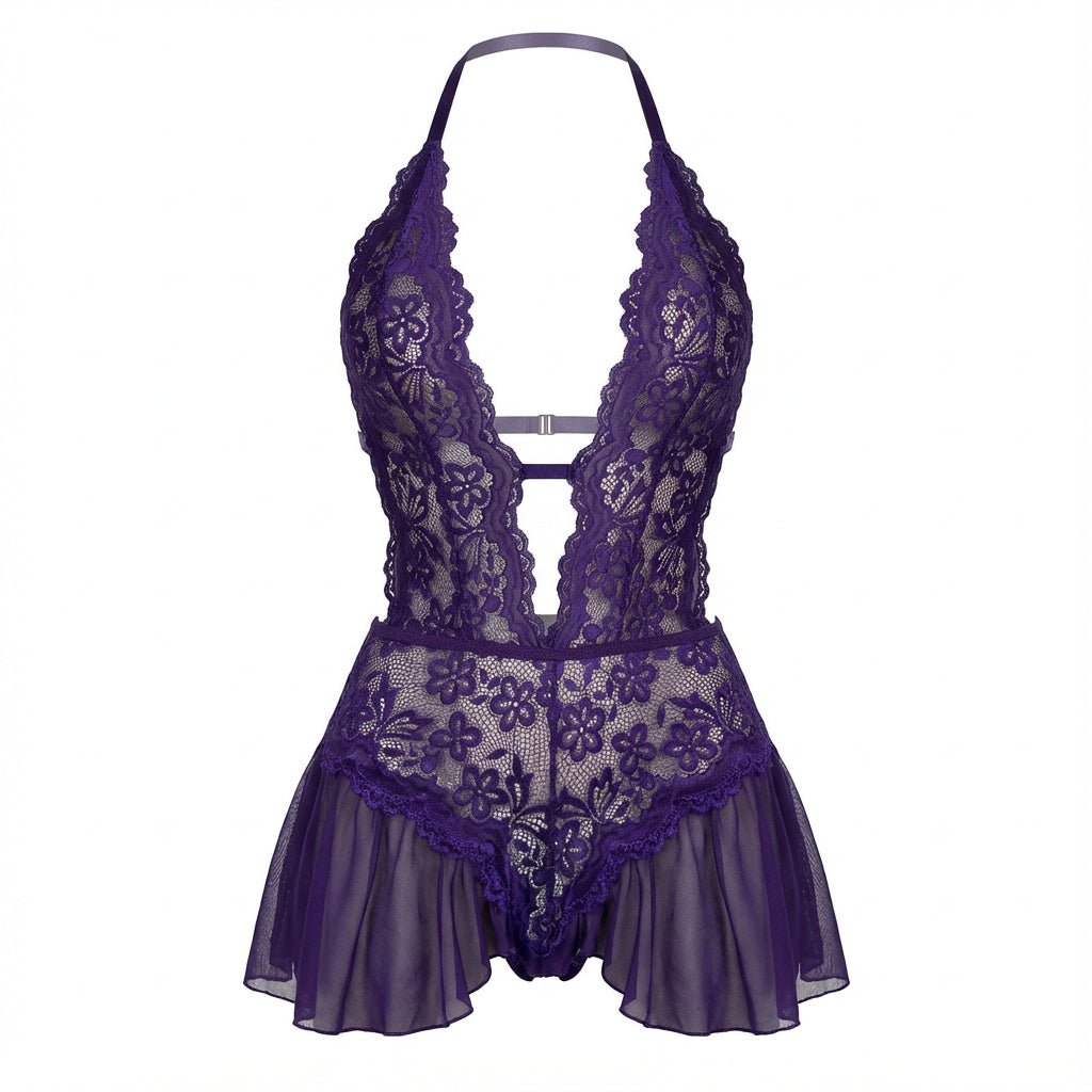 Lace Halter Teddy With Ruffle Skirt