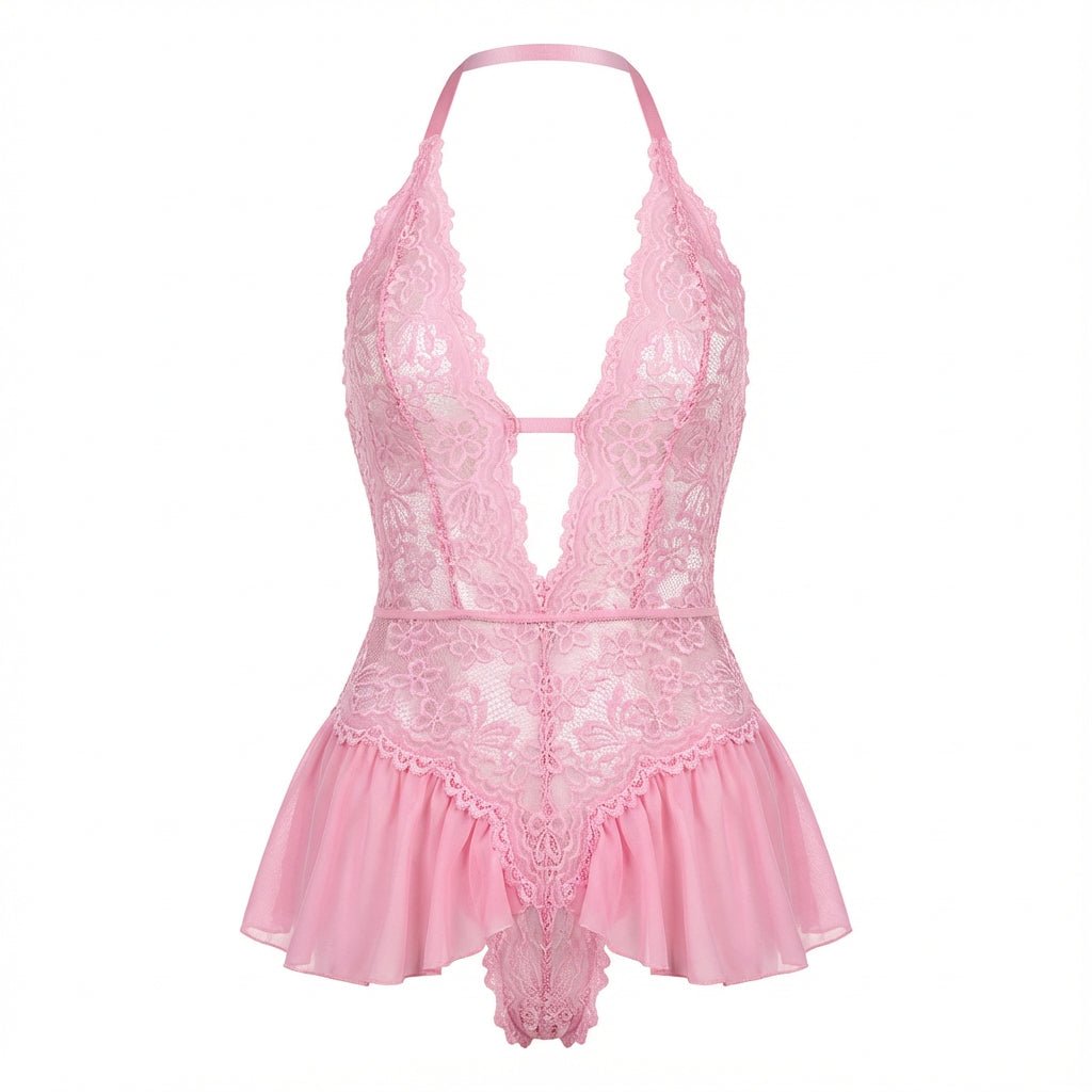 Lace Halter Teddy With Ruffle Skirt